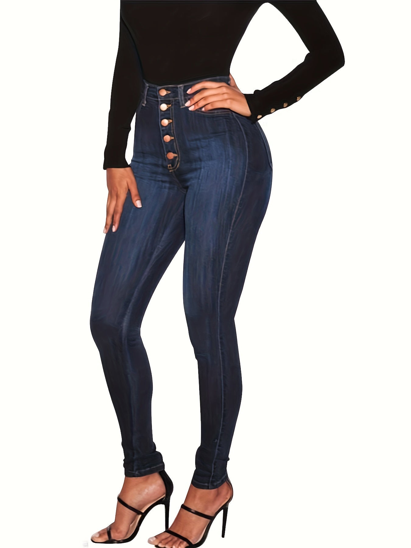 High-waist skinny jeans for women with curve-enhancing fit, button detail, solid color and cotton blend denim suitable for all seasons.