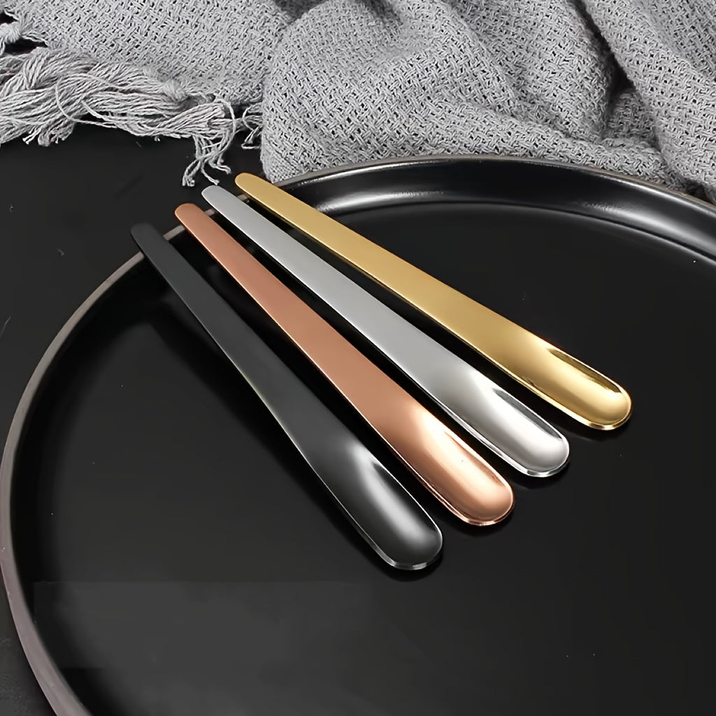 The set includes six high-quality stainless steel spoons, each 4.84 inches in length. The spoons can be used for stirring cocktails, serving mini ice cream, enjoying Italian espresso, and indulging in milkshakes, puddings, yogurt, and coffee. They are