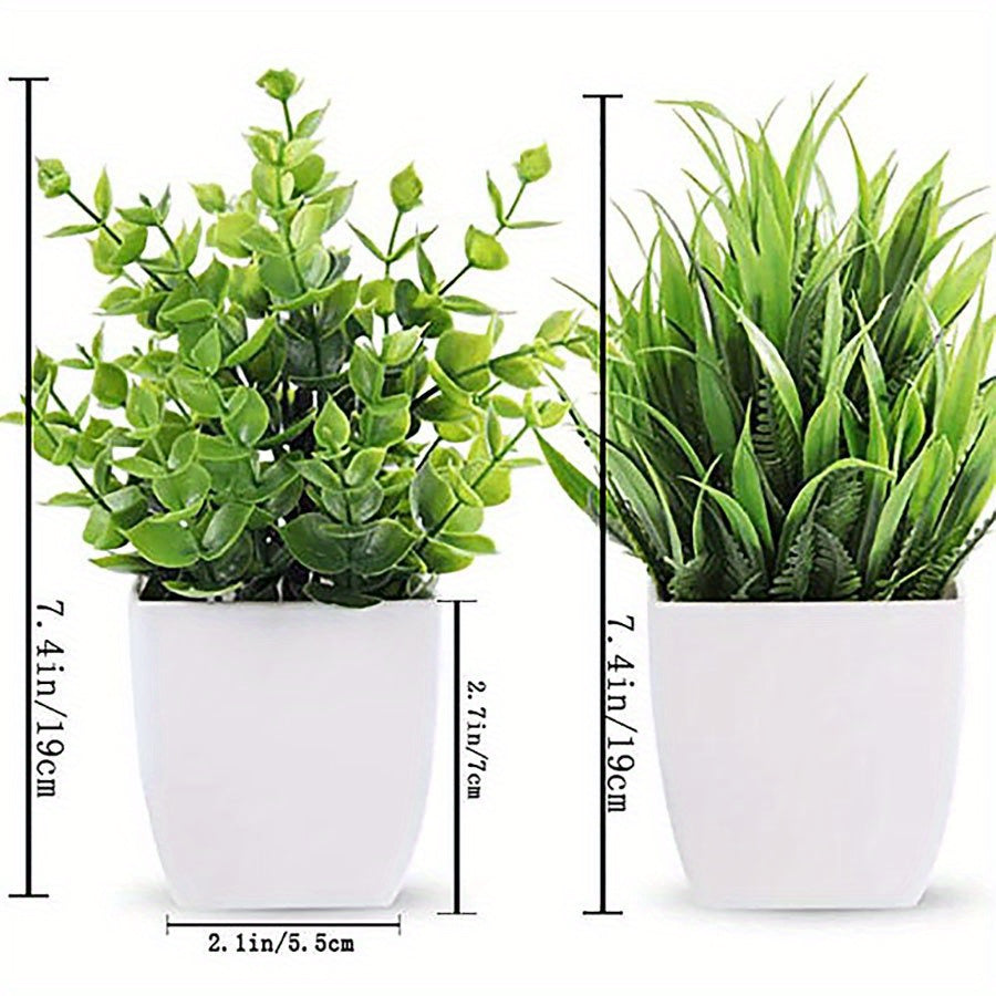 2 artificial mini potted plants with green eucalyptus leaves for summer home or desk decor.