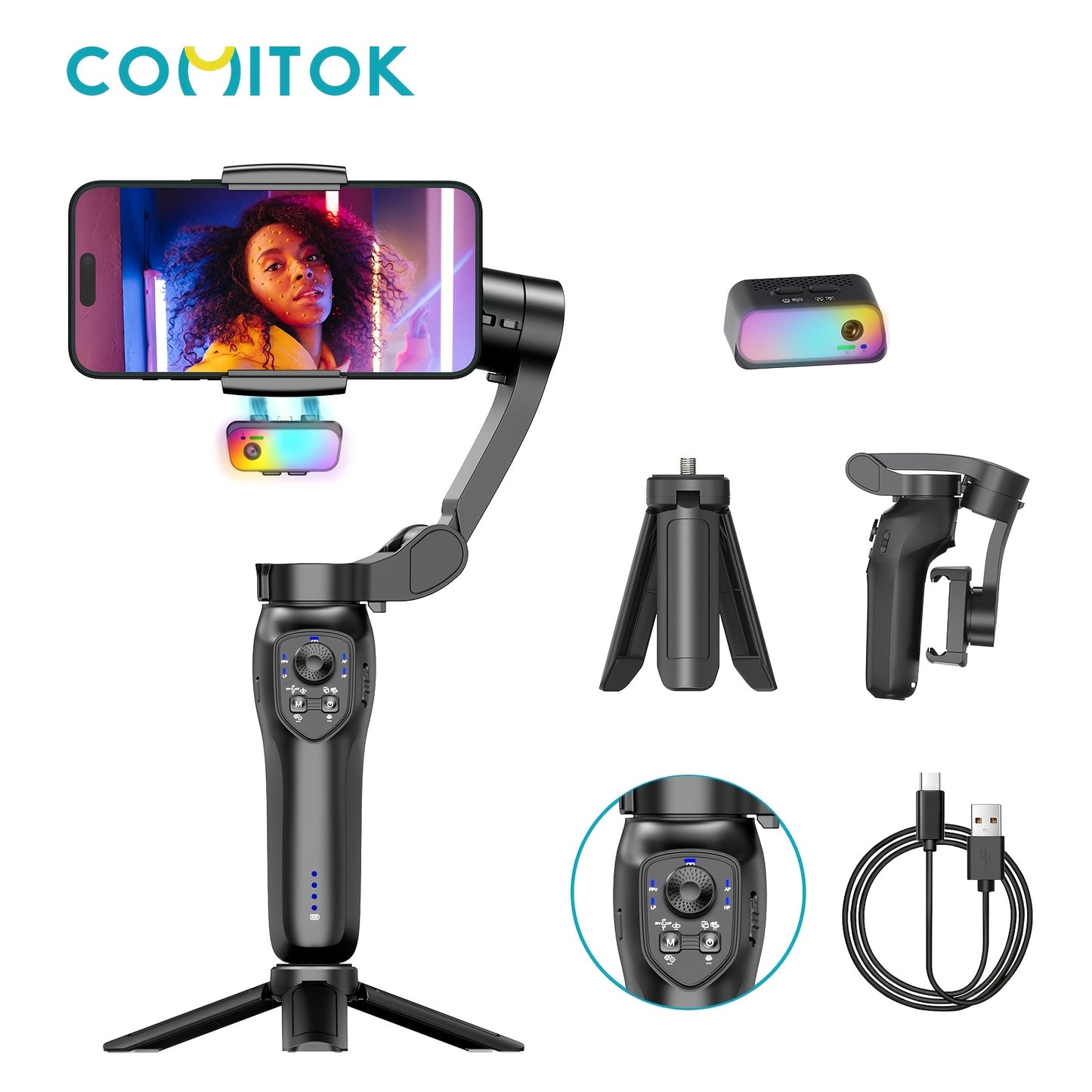 3-axis smartphone stabilizer with RGB lighting, face tracking and wireless capabilities. Rechargeable with USB, works with Apple and Samsung phones. Perfect for video shooting and holiday