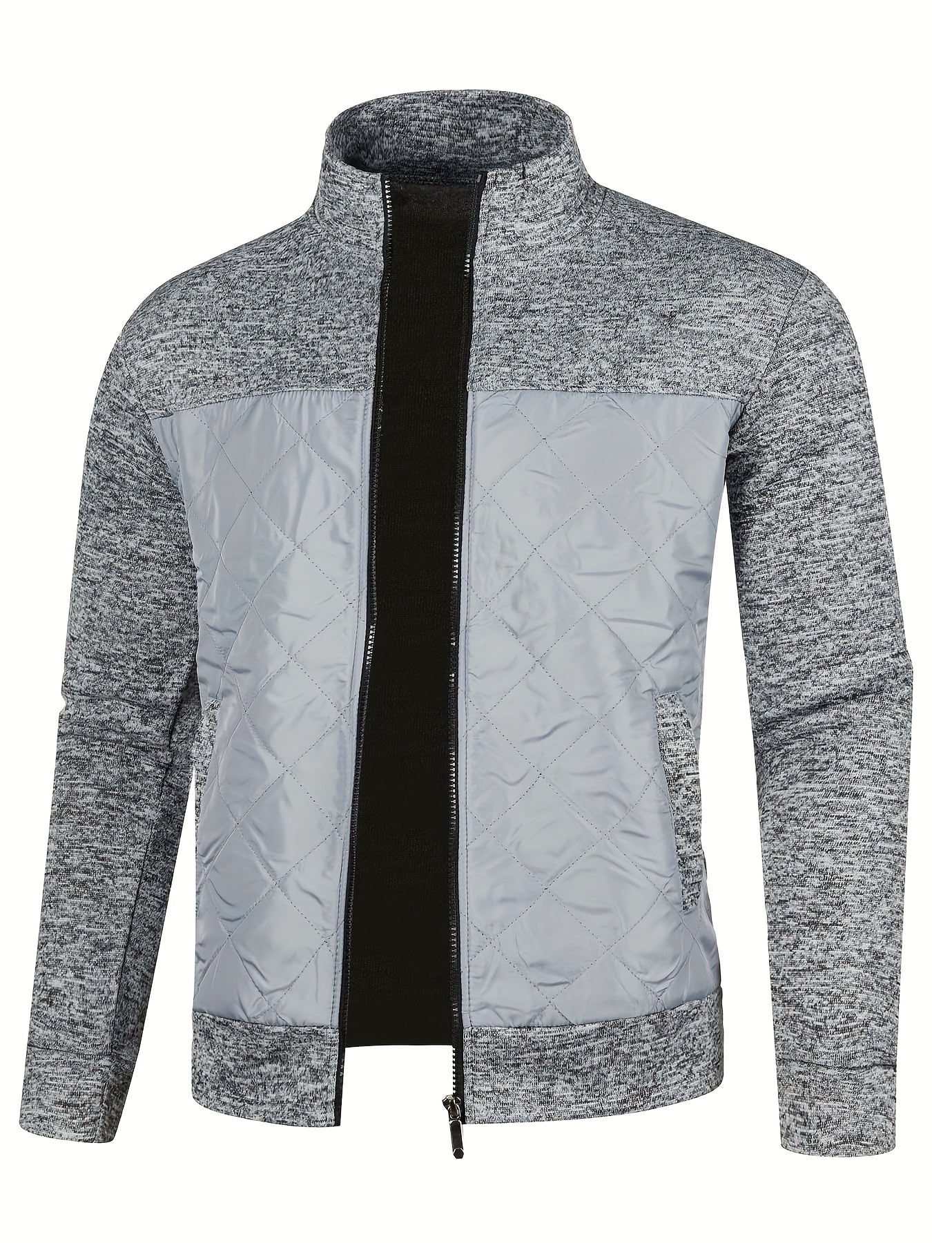 Men's polyester jacket with stand collar, full zip, quilted panel design, long sleeve, regular fit, slight stretch, solid color, and pockets.