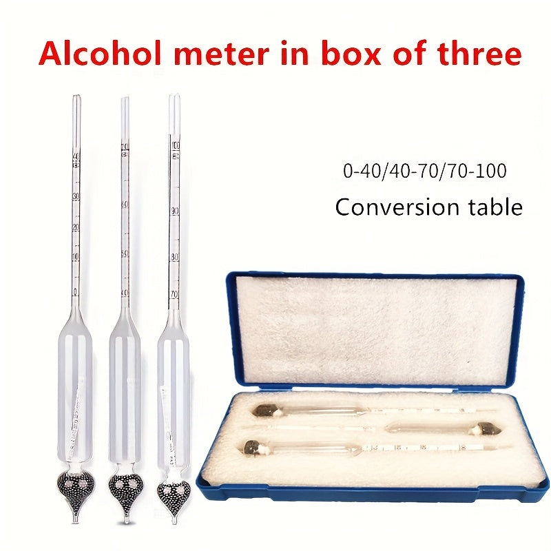 3-piece high-precision alcohol meter set with conversion table, 0-100 proof range, uncharged, no battery needed, for winemaking and distilled spirits testing.