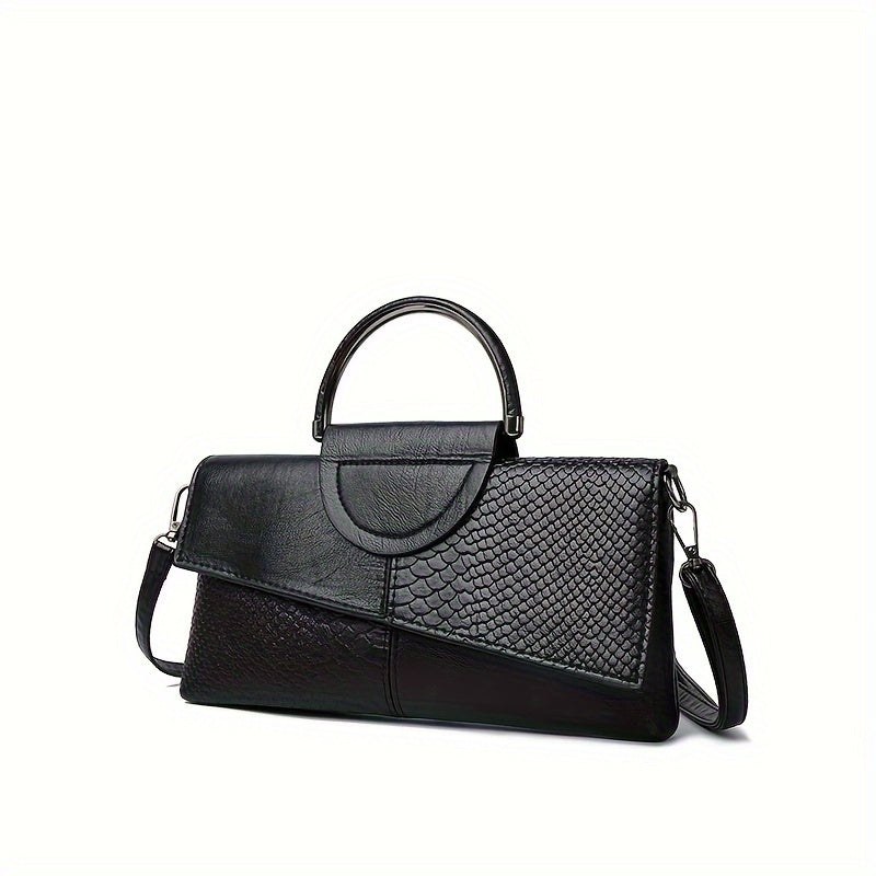 Vintage black crocodile pattern handbag for women with detachable strap, lightweight and stylish for everyday use, versatile and elegant top handle bag.