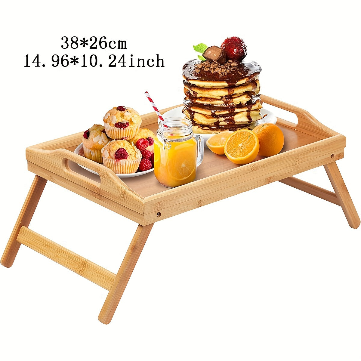 Multifunctional wooden bed tray with folding legs, perfect for breakfast, snacks, work, or study in bed or on the sofa. Great for picnics, camping, dorm rooms, and home use.