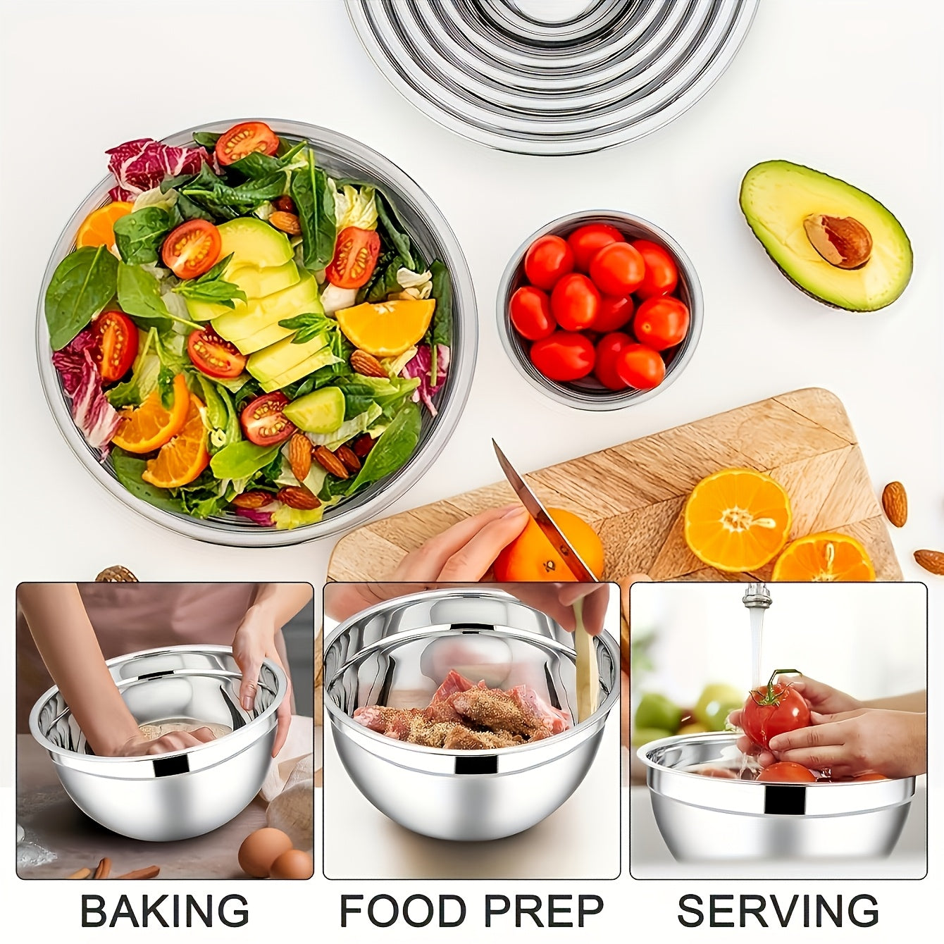 Set of 7 stainless steel mixing bowls with sealed black lids and 3 flossing tools. These nesting bowls are perfect for various kitchen tasks including baking, serving, cooking, dishwashing, and more. Can be used as a fruit bowl, noodle bowl, or any other