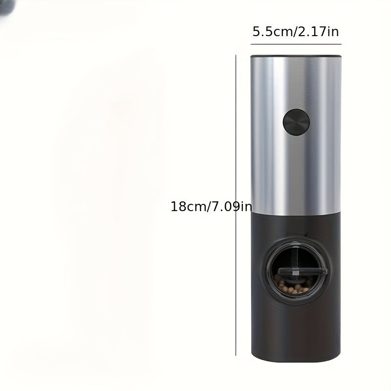 Set of 2 stainless steel electric salt and pepper mills with holder. These automatic mini smart grinders have adjustable coarseness and are battery operated (AAA). Requires 4 batteries (not included).