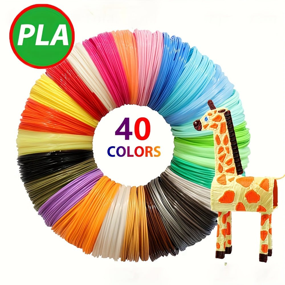 40 pack of 1.75mm diameter PLA filament for 3D pen, total length 4724.5 inches in random colors. Made of plastic, no battery needed.