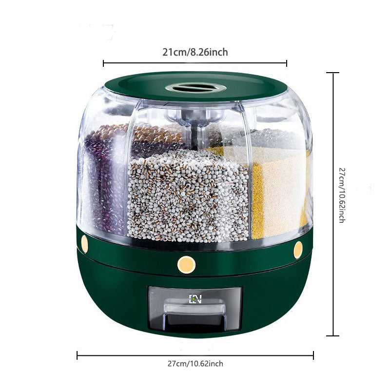 Large capacity rotating rice bucket with multiple grids for storing cereals and grains. This moisture-proof and insect-proof sealed container is perfect for rice, flours, dog food, and pet food. Keep your household airtight with this convenient rice