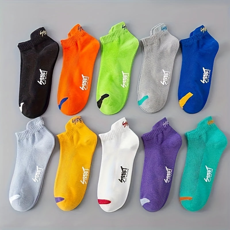 5 men's summer ankle socks - sweat-absorbent, thin low-cut sports socks in vibrant colors, breathable polyester & spandex blend, ideal for athletic activities.