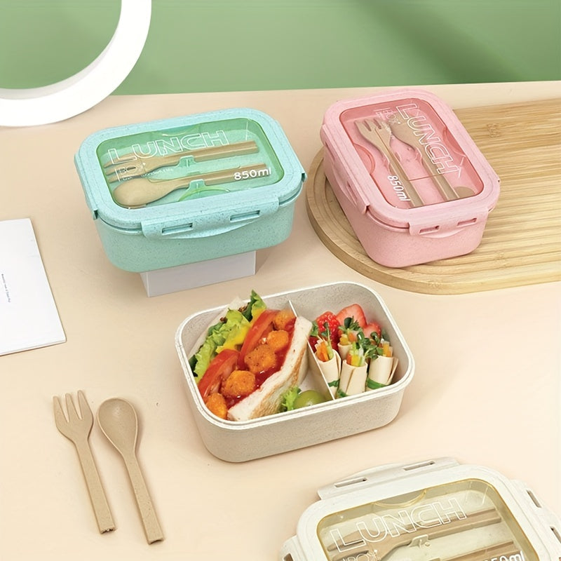 1 lunch box container with 2 sections and a modern design. Comes with a built-in utensil set and is microwaveable (lid must be removed before heating). Perfect for back to school, class, college, school supplies, kitchen organization, and storage. Also