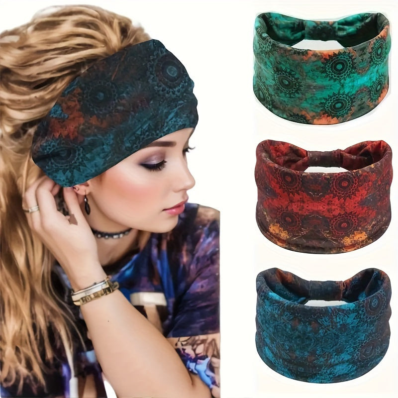 Stylish Boho Headbands for Women - Polyester Knit Crochet Tie Headband - Elastic Sports Headband with Printed Design - Fashion Hair Accessory for Yoga and Running - Perfect for Thanksgiving