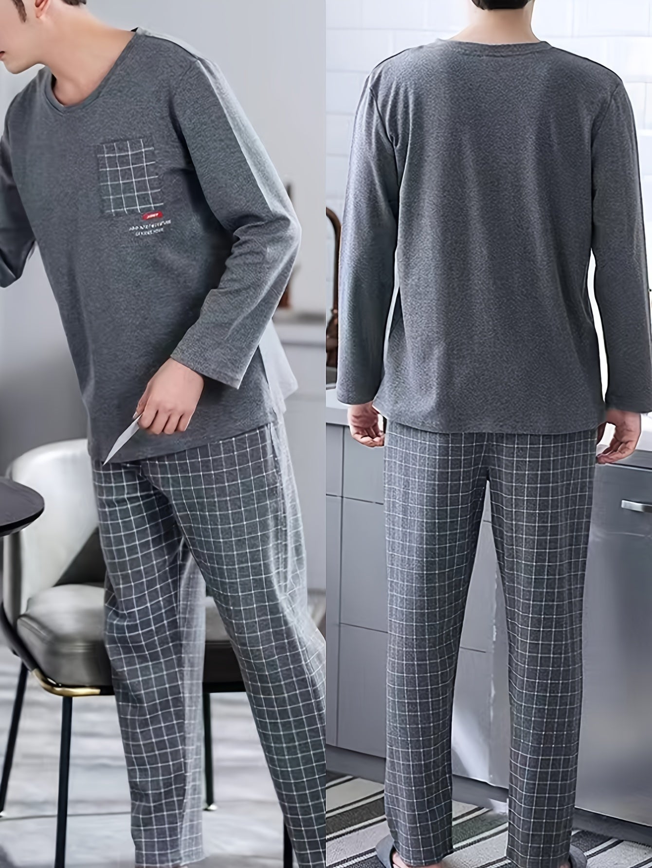 QIANNIANMA Men's Long Sleeve Pajama Set - Geometric Pattern, Round Neck, Polyester Blend, Machine Washable.