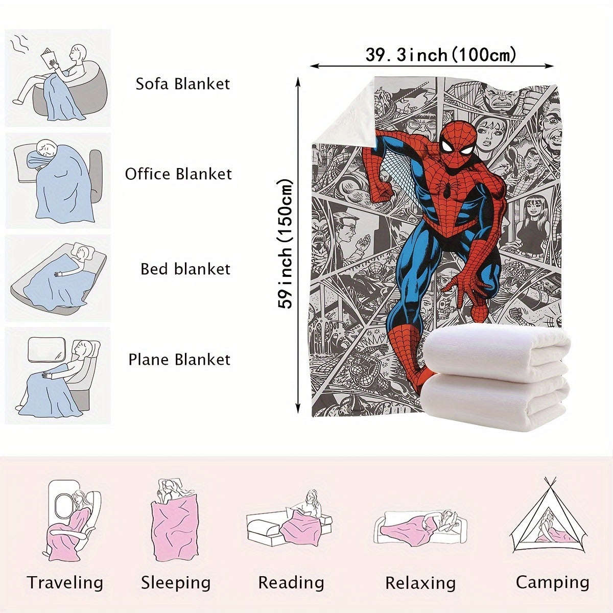 This multi-functional blanket features a vibrant 2024 New Dynamic Spider-Man City Chase comic book page pattern, digitally printed on plush cover material. Perfect for use during nap time, office lunch breaks, on the sofa, in the car, or while traveling.