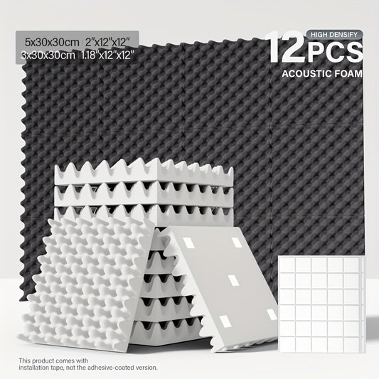 12-pack acoustic foam panels for music studio with high-density soundproofing foam tiles in egg crate design, suitable for walls, doors, and ceilings in black, white, and grey.