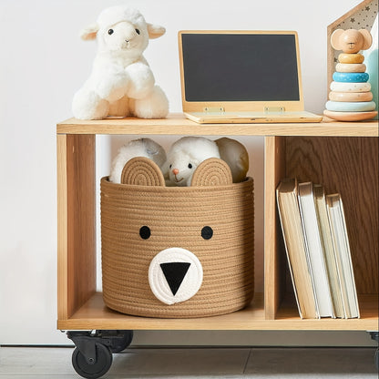 Durable Large Bear-Face Woven Toy Basket in Neutral Brown - Perfect for Clothes & Toy Storage in Nursery and Living Room