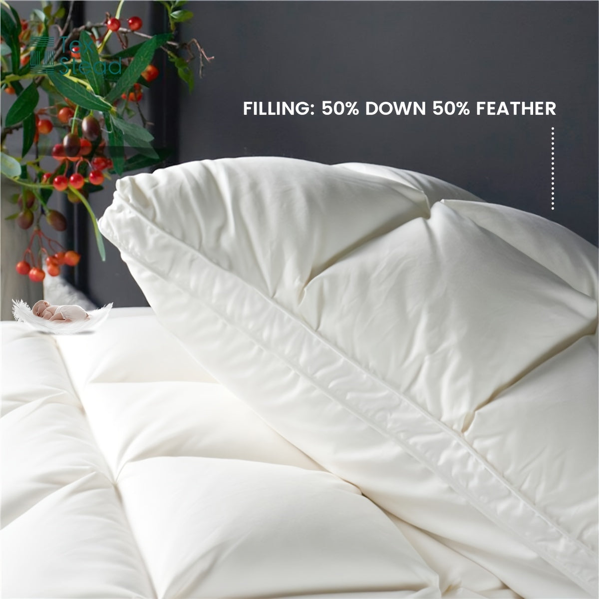 Luxury goose down feather pillow with pinch pleat design for neck protection in bedroom or hotel.