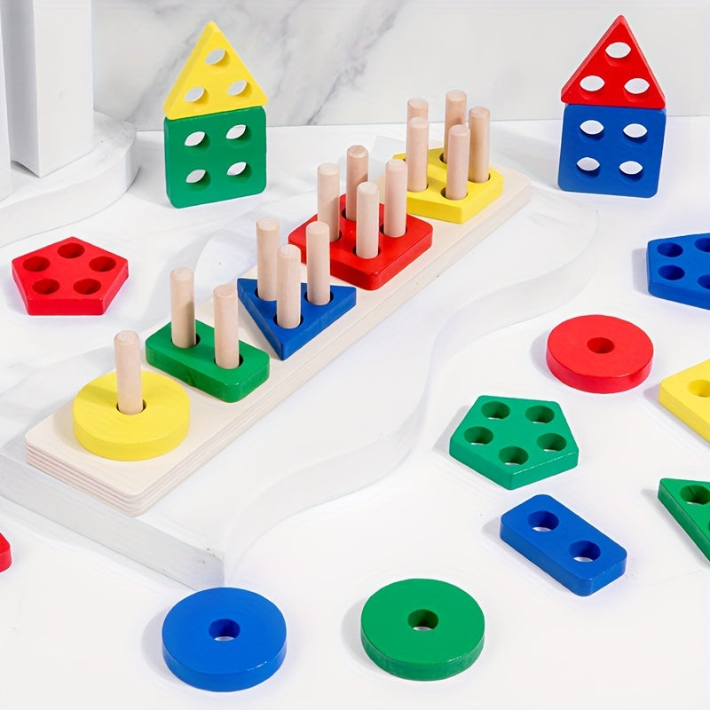 Educational wooden puzzle toy with colorful blocks for shape recognition and cognitive development.