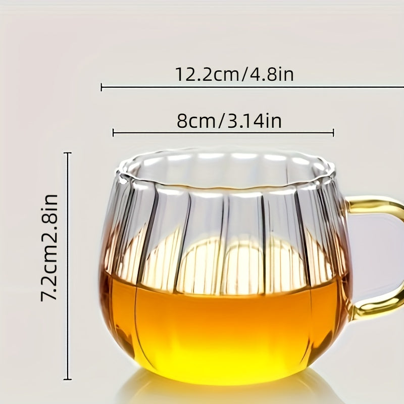 380ml heat-resistant glass coffee cup with handle, clear vertical striped design. Suitable for hot beverages, tea, and milk. Hand wash only. Reusable and recyclable.