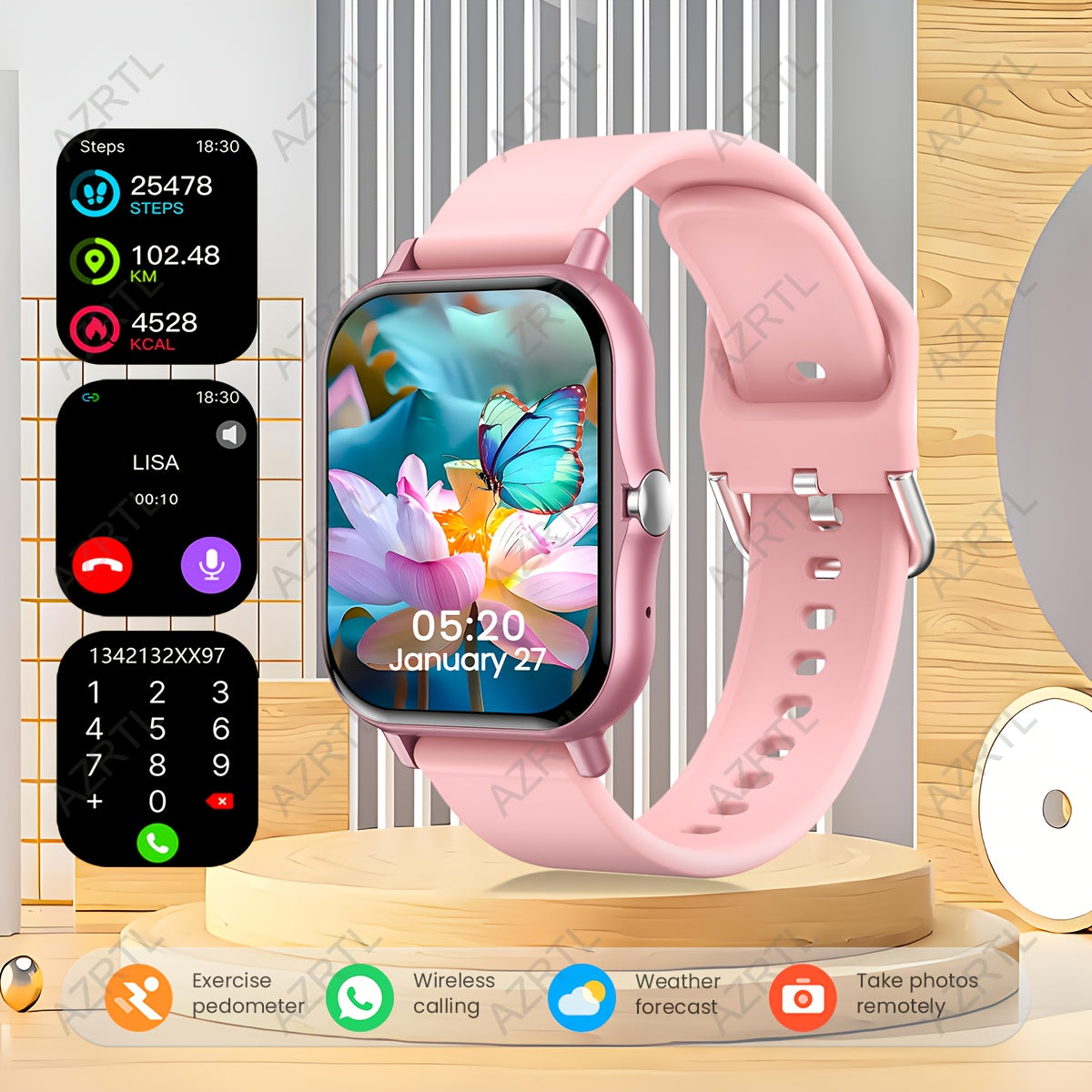 1.83-inch full touch screen smartwatch with call and message function, pedometer, multiple sports modes, compatible with IOS/Android devices. A minimalist style ideal gift for any occasion.