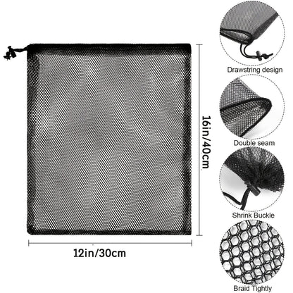 Mesh bags are available in packs of 5 or 10, each measuring 30.48 x 40.64 cm. These reusable agricultural product bags are perfect for grocery shopping and are made of drawstring polyester with double seam tare weight. They are ideal for storing