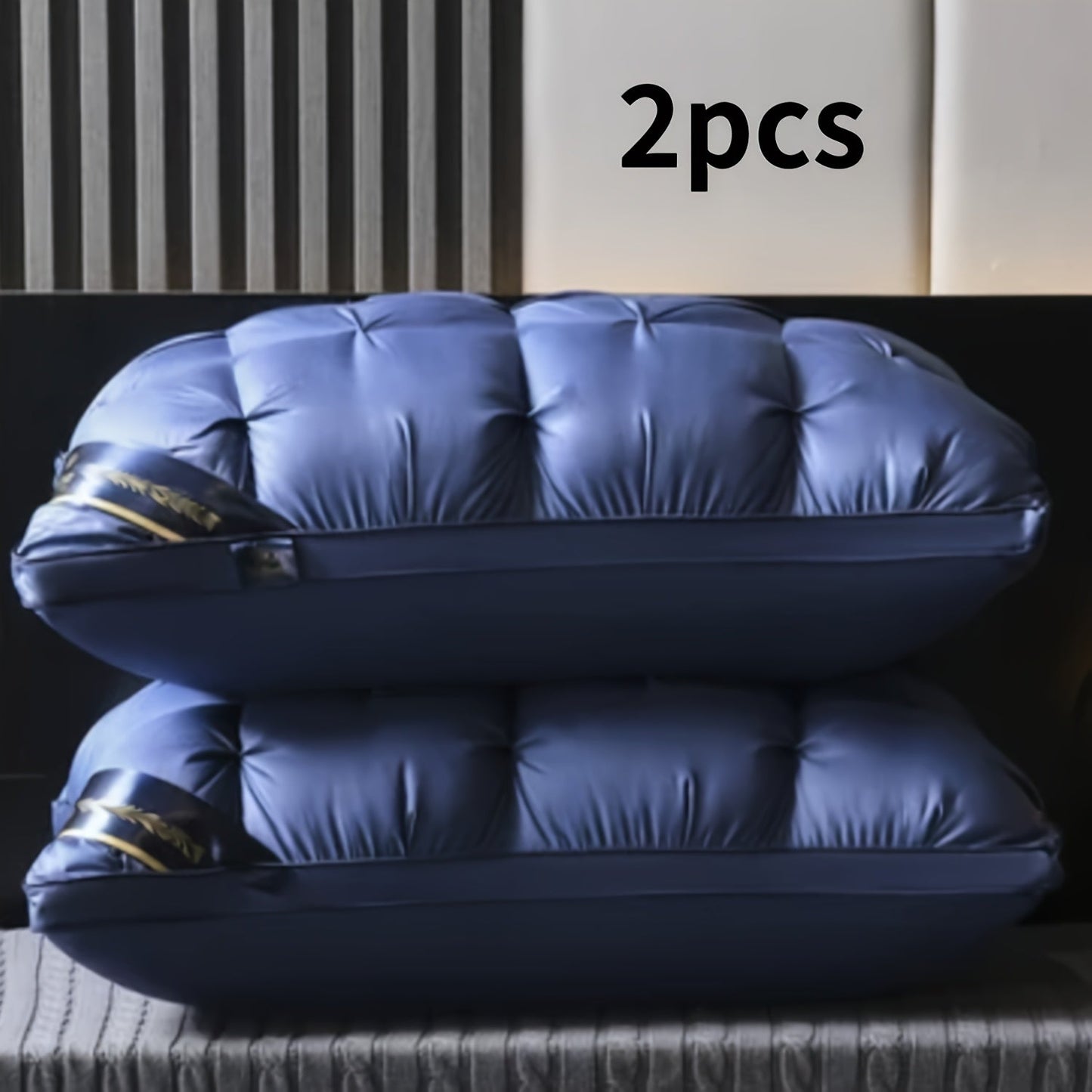 Two high-quality microfiber pillows for luxurious hotels, designed with a compressible flower-crafted neck support and a soft polyester cover. These pillows are dry clean only, made with woven fabric and weigh 95 grams each. They offer a moderate