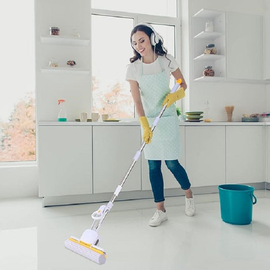 This Sponge Mop has a long handle and a self-twisting feature, with a 15-inch head suitable for cleaning kitchen and bathroom tiles. It can be used for both wet and dry floor cleaning, making it a versatile tool for keeping floors spotless.