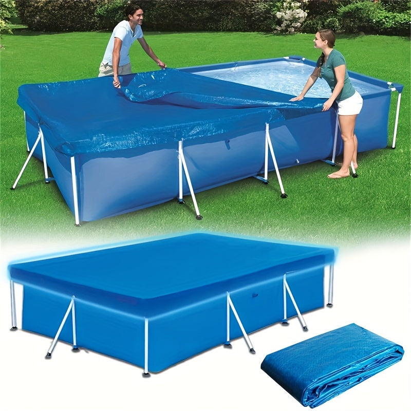 Blue square pool cover with frame for above ground pools, providing UV protection and safety. Ideal for outdoor, indoor, garden, and camping use. Shields against leaves, water, snow, and