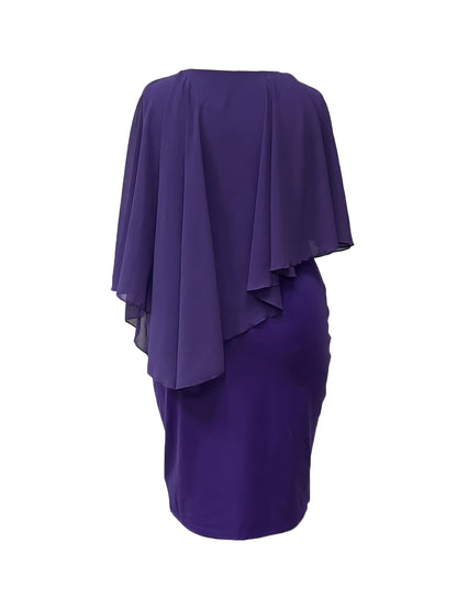 Plus size purple midi dress with asymmetrical cape sleeves, V-neck, stretchy polyester blend, machine washable, ideal for all seasons.