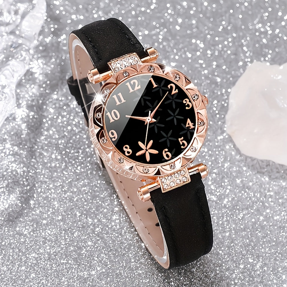 3-piece women's quartz watch set with rhinestone heart dial, PU leather strap, and fashionable design - perfect gift for girlfriend or mother.