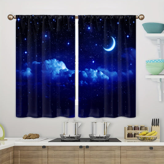 Two pieces of Galaxy-themed window curtains with a starry sky design. These rod pocket drapes are suitable for use in any room, including the kitchen, study, bedroom, living room, and playroom. They are made of soft and stylish fabric for a beautiful