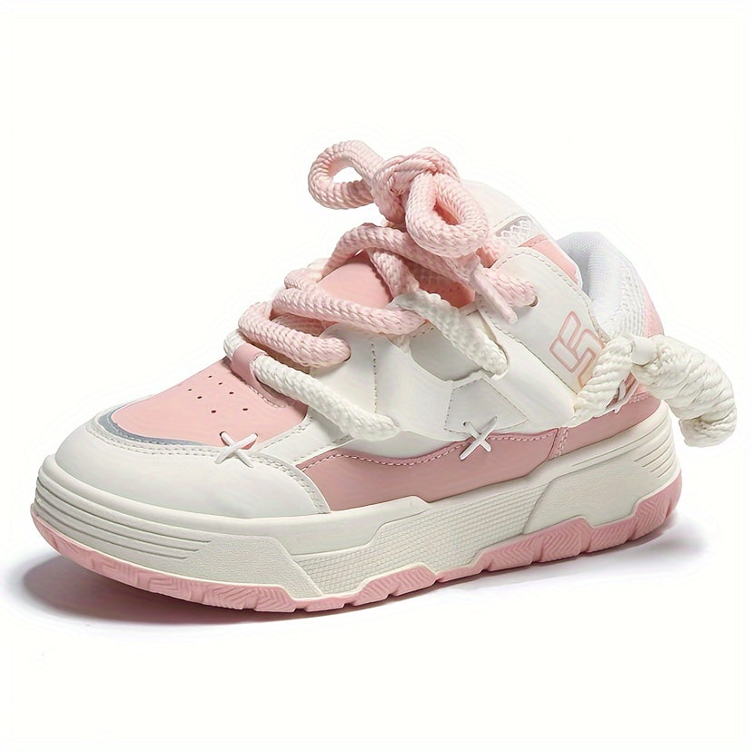 Pink chunky lace-up sneakers for women with a low-top, thick sole. Made with fabric/PU upper and rubber sole, suitable for all seasons.