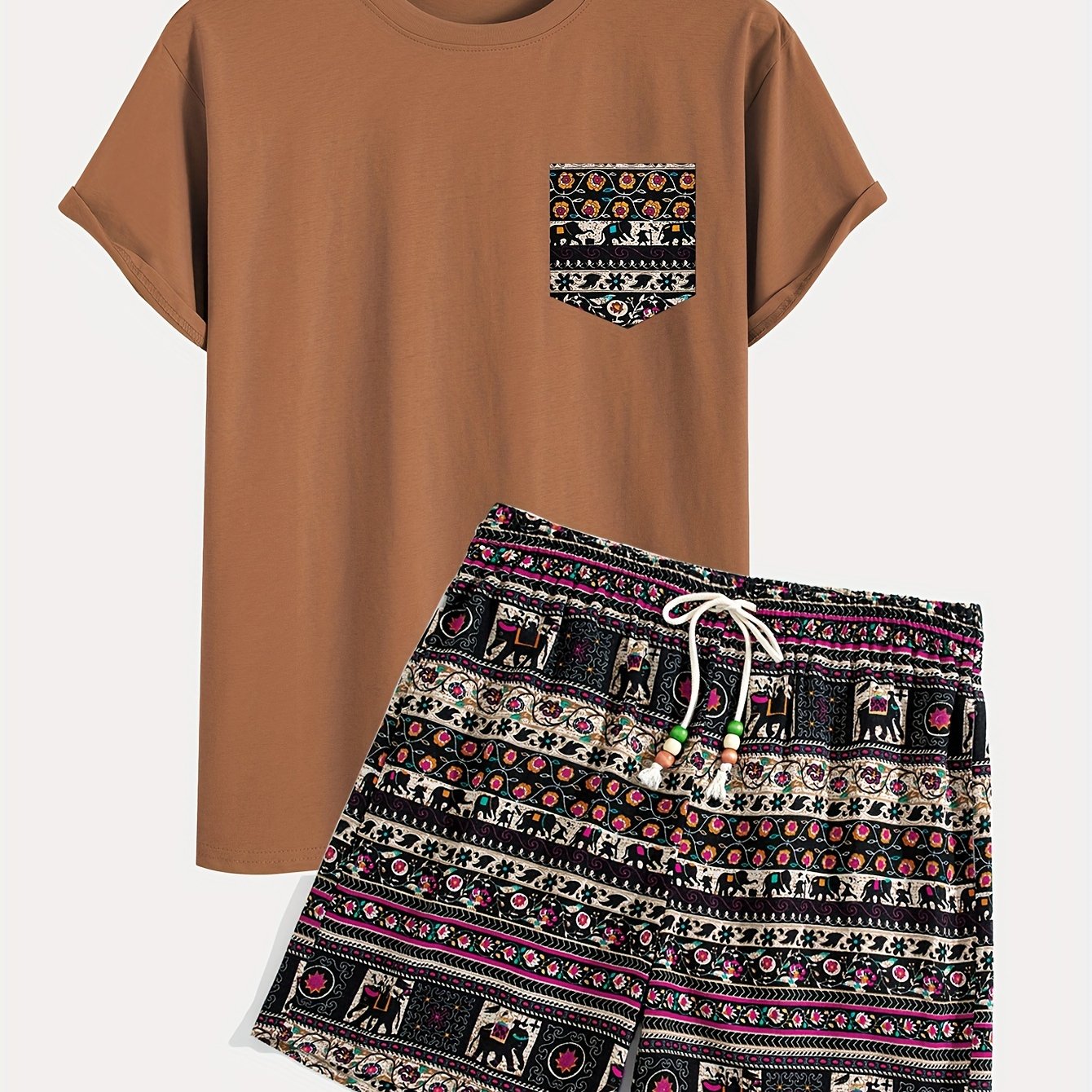 Boho Tribal Print Cotton T-Shirt and Shorts Set, Loose Fit, Crew Neck, Drawstring Bottoms, Knit Fabric, Spring Outfit.