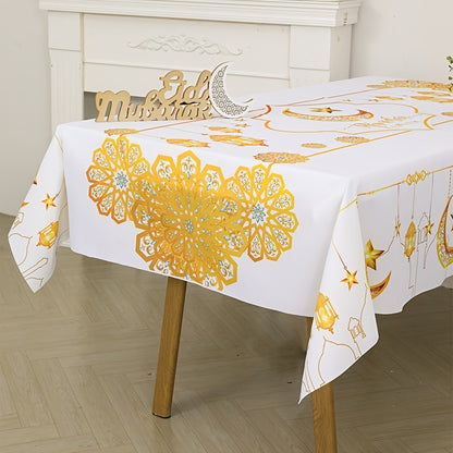 1pc Ramadan Kareem Tablecloth made of polyester, featuring Islamic moon and stars design, perfect for Eid Al-Fitr celebrations and home decor.