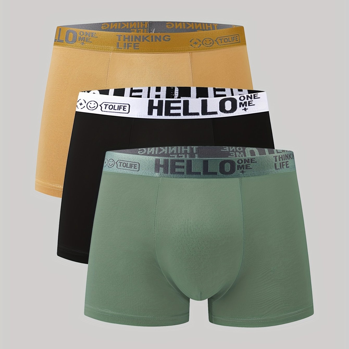 3pcs 'Hello' Print Men's Boxer Briefs - Stylish, breathable, and comfortable sports trunks with high stretch and quick-drying technology.