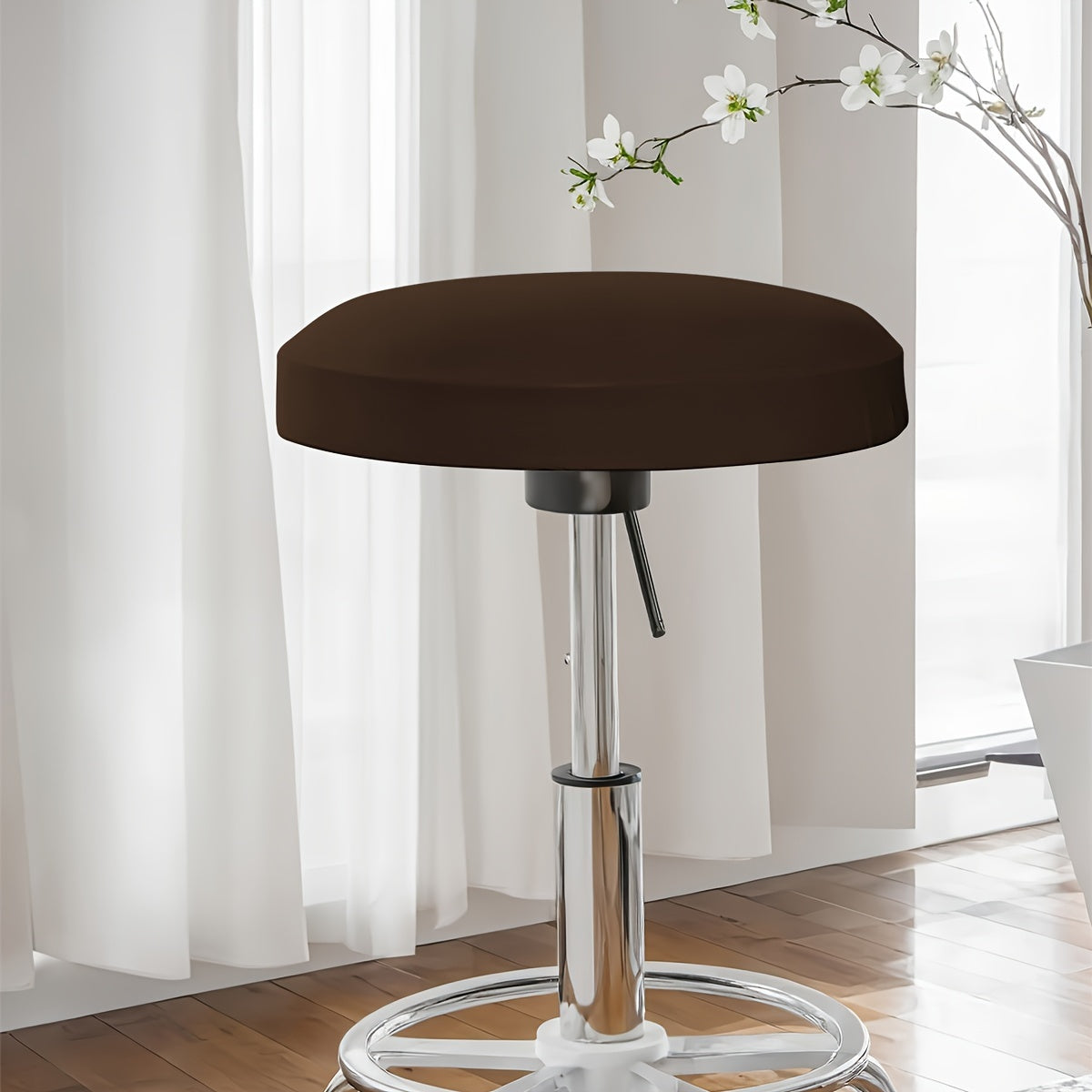 Classic solid color round stool cover in 1pc, 4pcs, or 6pcs options. Made of high elastic material that is clear and natural, dustproof, soft, and adhesive. Suitable for various round chairs. Weighs 120gsm.