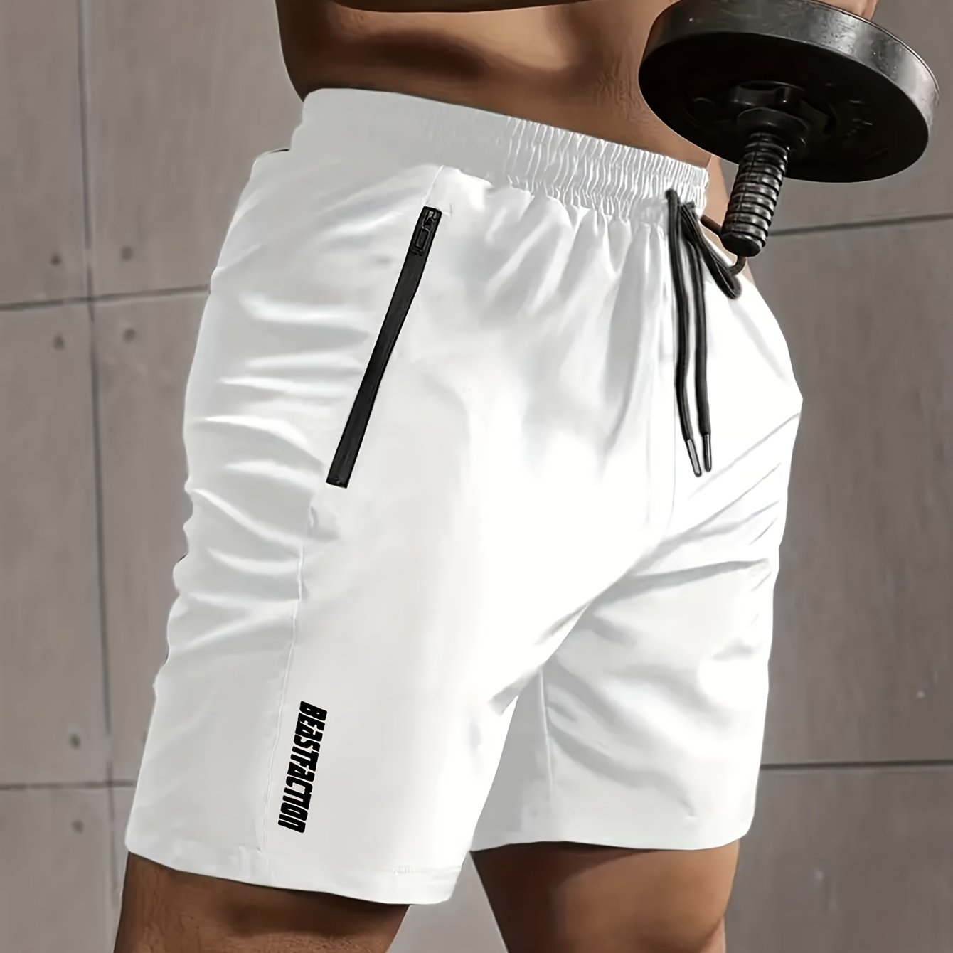 Solid men's shorts with zipper pockets, elastic waist drawstring for summer fitness.