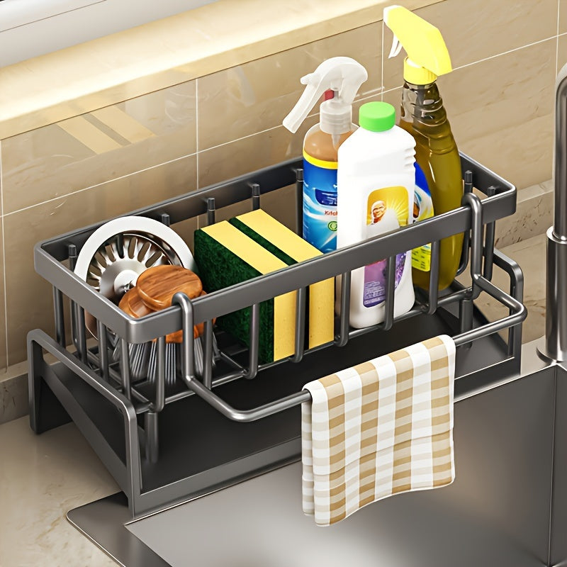 Space-Saving Metal Kitchen Sink Organizer: This durable dish rack includes a drainage basket for efficient cleaning tool storage. It features a cloth holder and cup organizer. Please note that the plastic used is not food-safe. Perfect for drying dishes