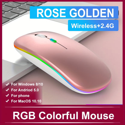 Wireless ergonomic mouse with RGB backlight, USB rechargeable, compatible with PC, laptop, and iPad. Features honeycomb design, 500mAh battery, and Windows 10 support. Great gift for gamers