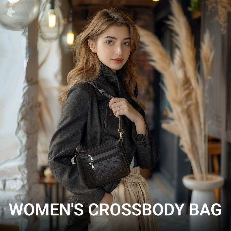 Chic black crossbody bag for women, featuring embossed floral design and bow accent. Ideal for daily use.