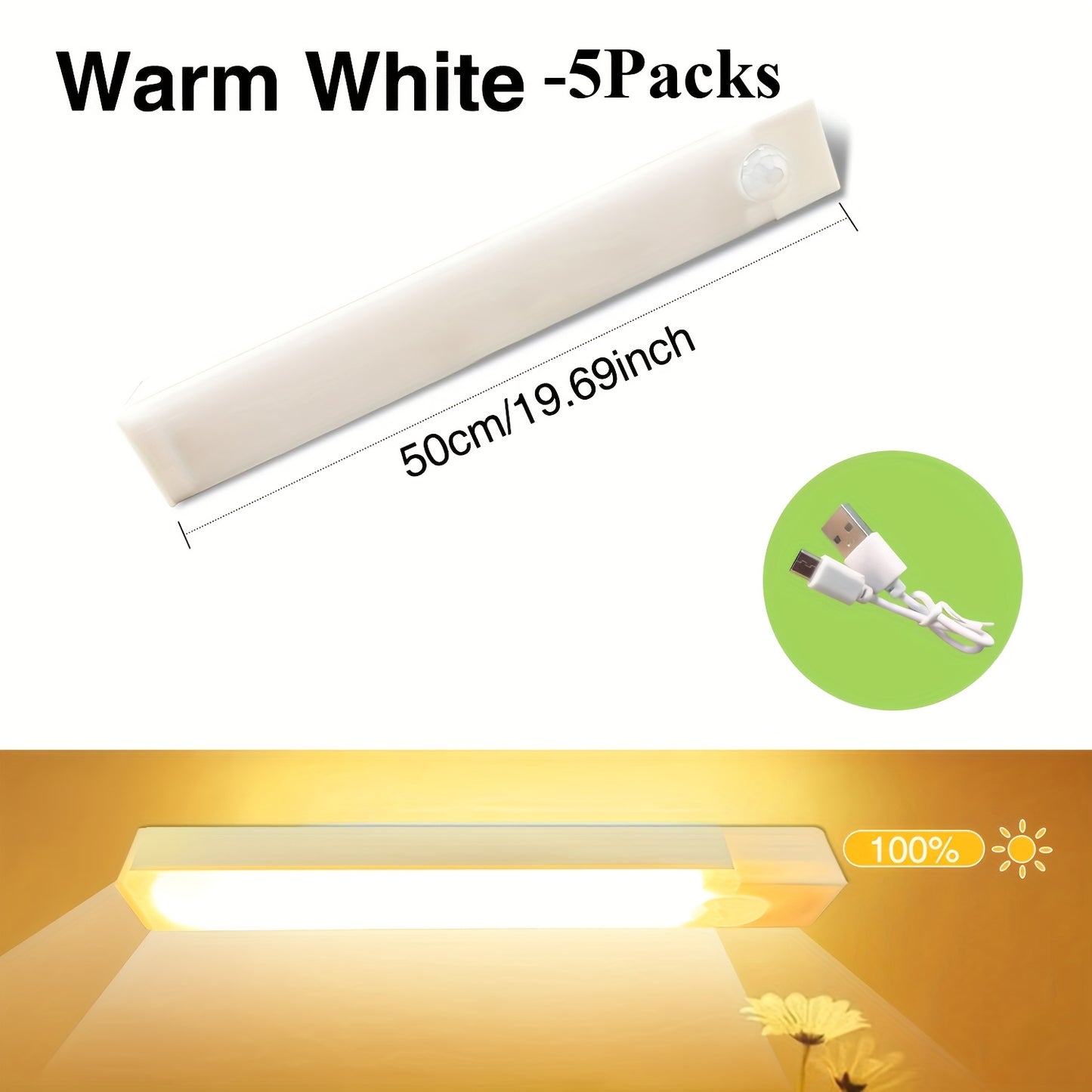 5 Pack LED motion sensor lights with USB rechargeable batteries for wireless undercounter illumination in hallways, kitchens, stairs, and wardrobes. Suitable for home decoration.