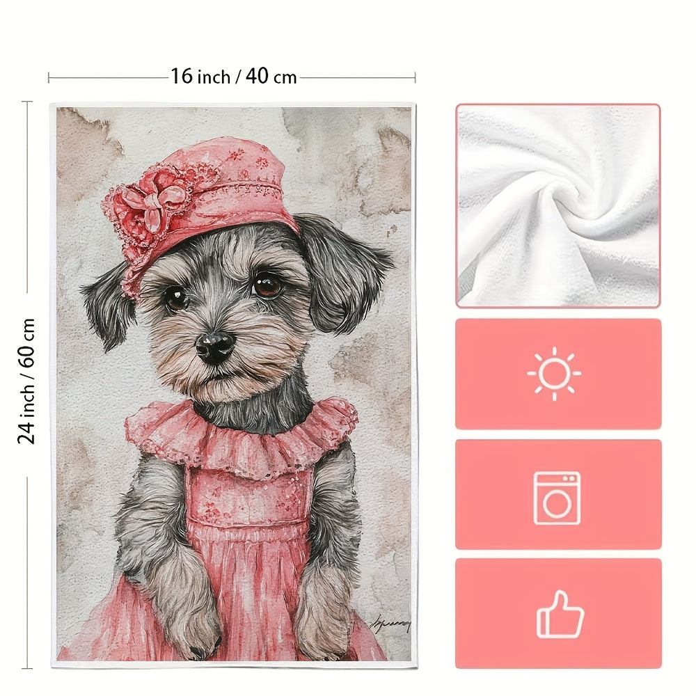 This set includes 2 ultra-soft kitchen towels with a cute Schnauzer puppy dressed up for Valentine's Day. The highly absorbent dish towels are great for holiday décor, machine washable, and measure 40.64x60.96 cm.