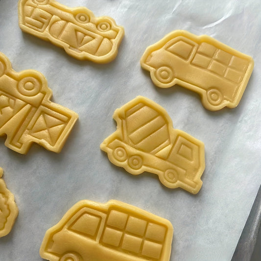 Set of 8 Construction Vehicles Cookie Cutters with Engineering Cookie Embosser, Pastry Cutter Set, Biscuit Molds, Baking Tools, and Kitchen Accessories.