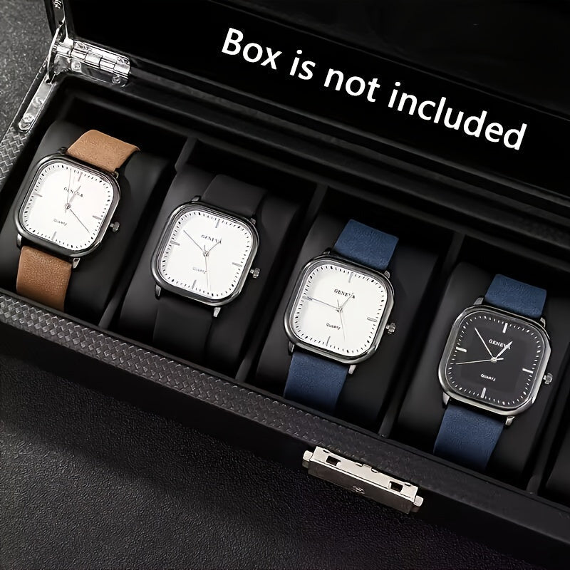 Set of 4 Men's Sleek Square Quartz Watches with English Dial - Ideal Gift for Him, Featuring Zinc Alloy Case and Faux Leather Strap