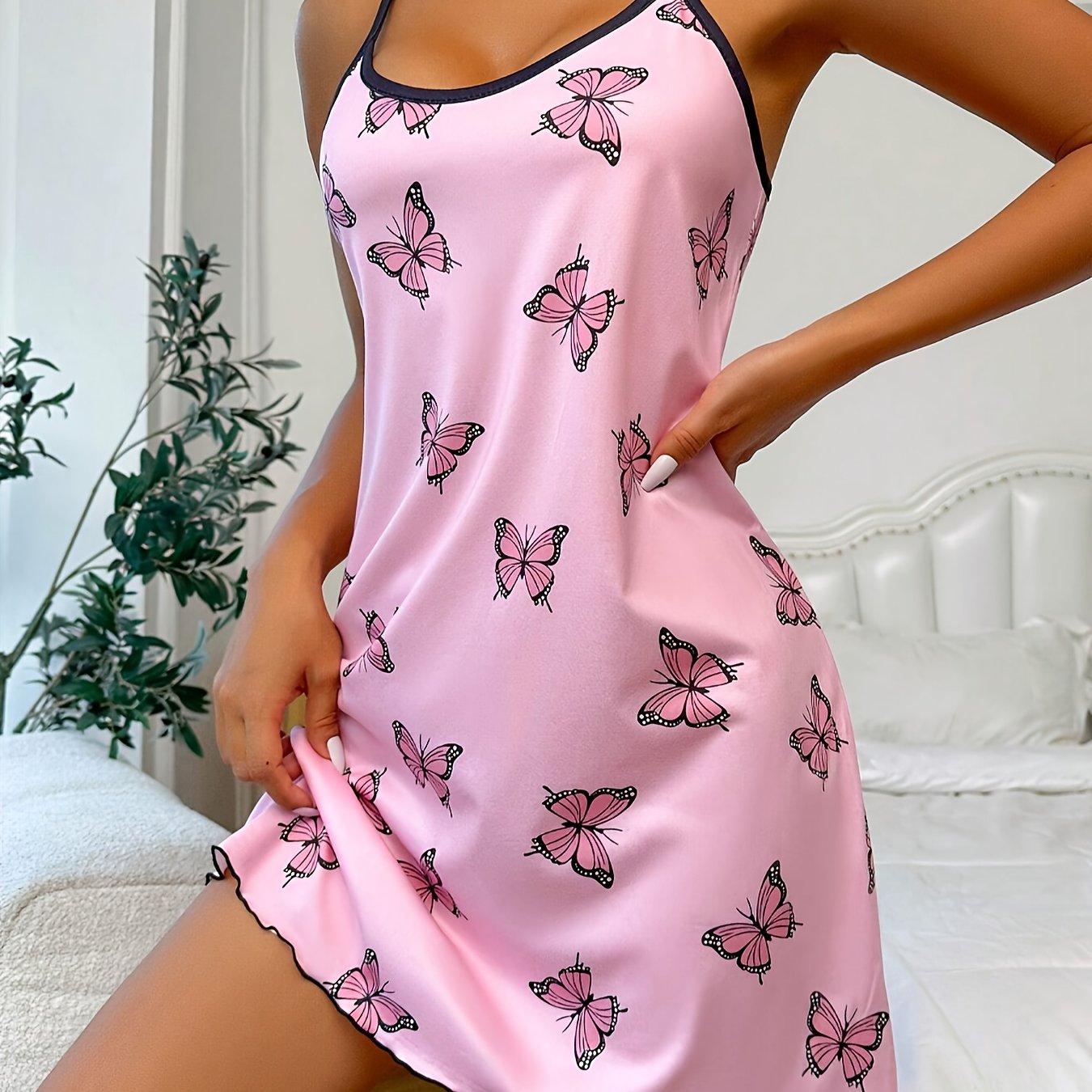 Butterfly print nightgown with round neck, backless design and frill trim - women's sleepwear.