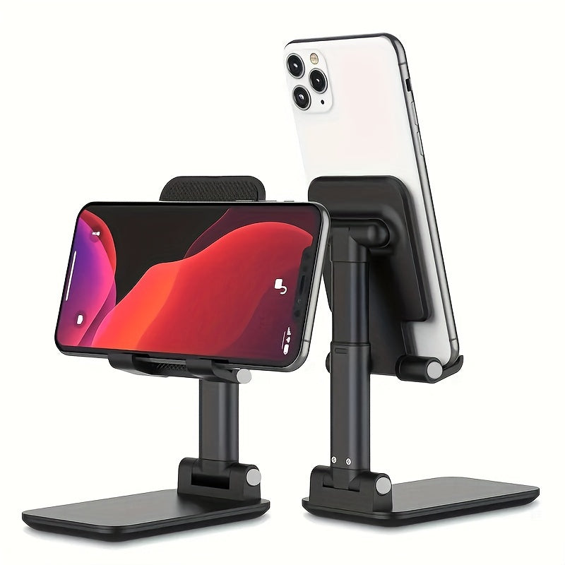 Foldable phone stand adjusts height and angle for 10.16-20.32cm devices. Ideal for office and bedroom, compatible with various devices.