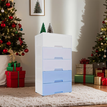 Large 5-drawer plastic storage cabinet with festive Christmas design for toys and home items in kitchen, bedroom, and living room.