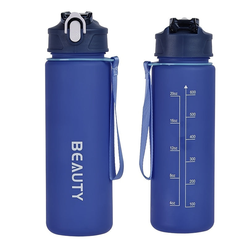 Durable, lightweight, and portable frosted plastic water bottle with scale for outdoor sports and office use.