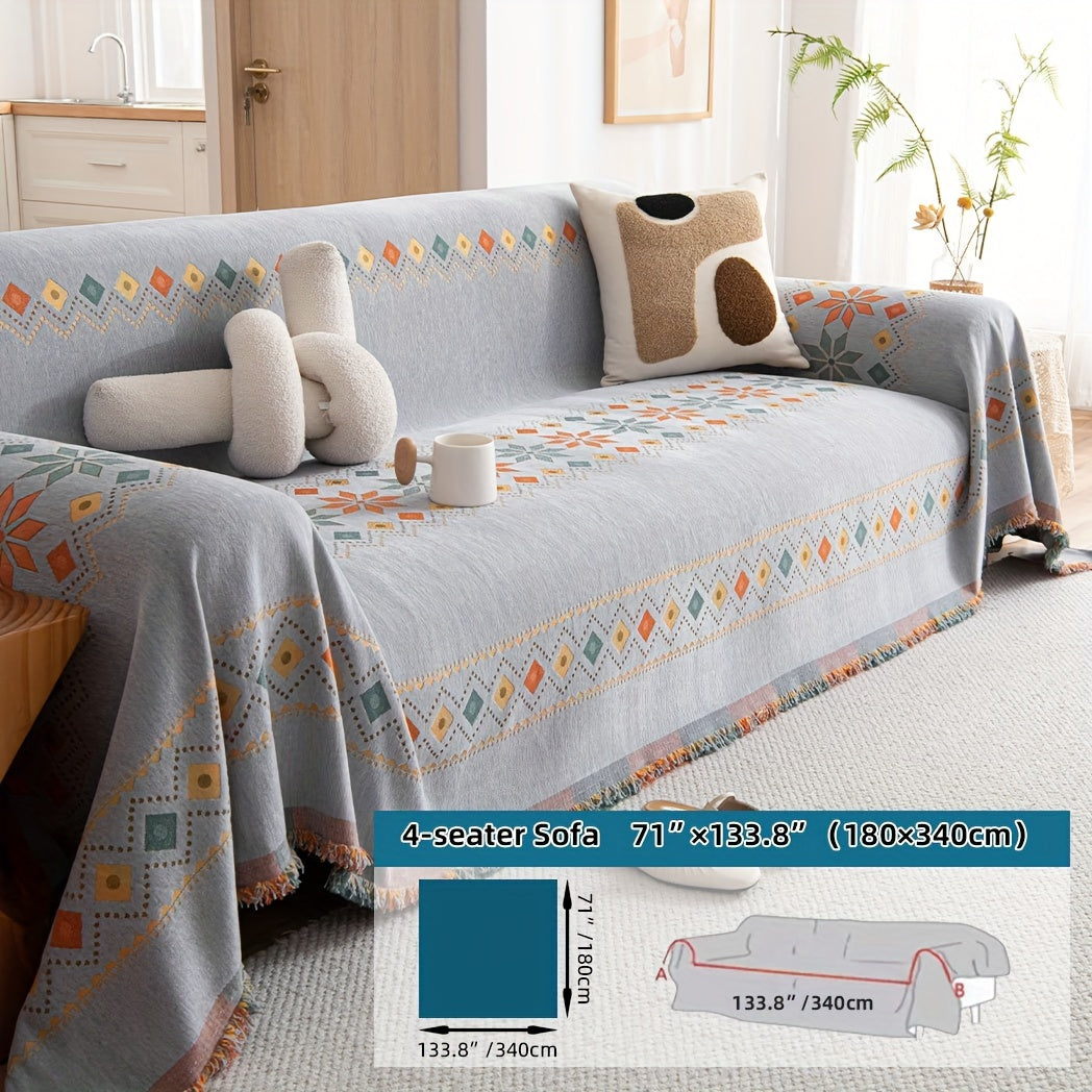 Boho-style sofa cover for all seasons with non-slip feature, suitable for bedroom, office, living room, and home decor.