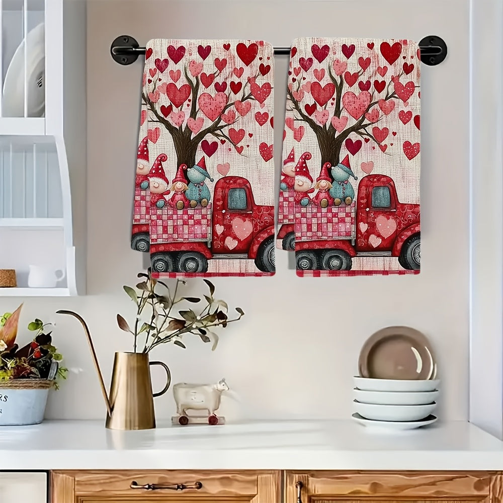 Pair of 2 ultra-soft kitchen towels featuring a Valentine's Day truck design with gnomes, ideal for holiday decor. These highly absorbent dish towels are machine washable and measure 40.64x60.96 cm.