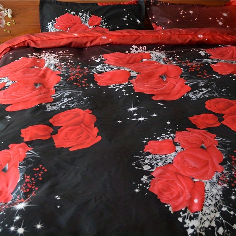 Red Rose Print Bedding Set includes 2/3 pieces with a duvet cover and pillowcases. This bedroom decor set does not include filler. Each set contains 1 duvet cover and 1 or 2 pillowcases, without pillow core.